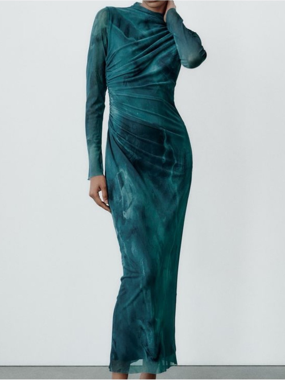 NWOT Zara Long-Sleeve Teal Draped Mesh Maxi Sheath Dress Medium